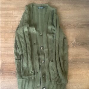 Olive Green  Cardigan with Cable Knit and Ribbed Hem
